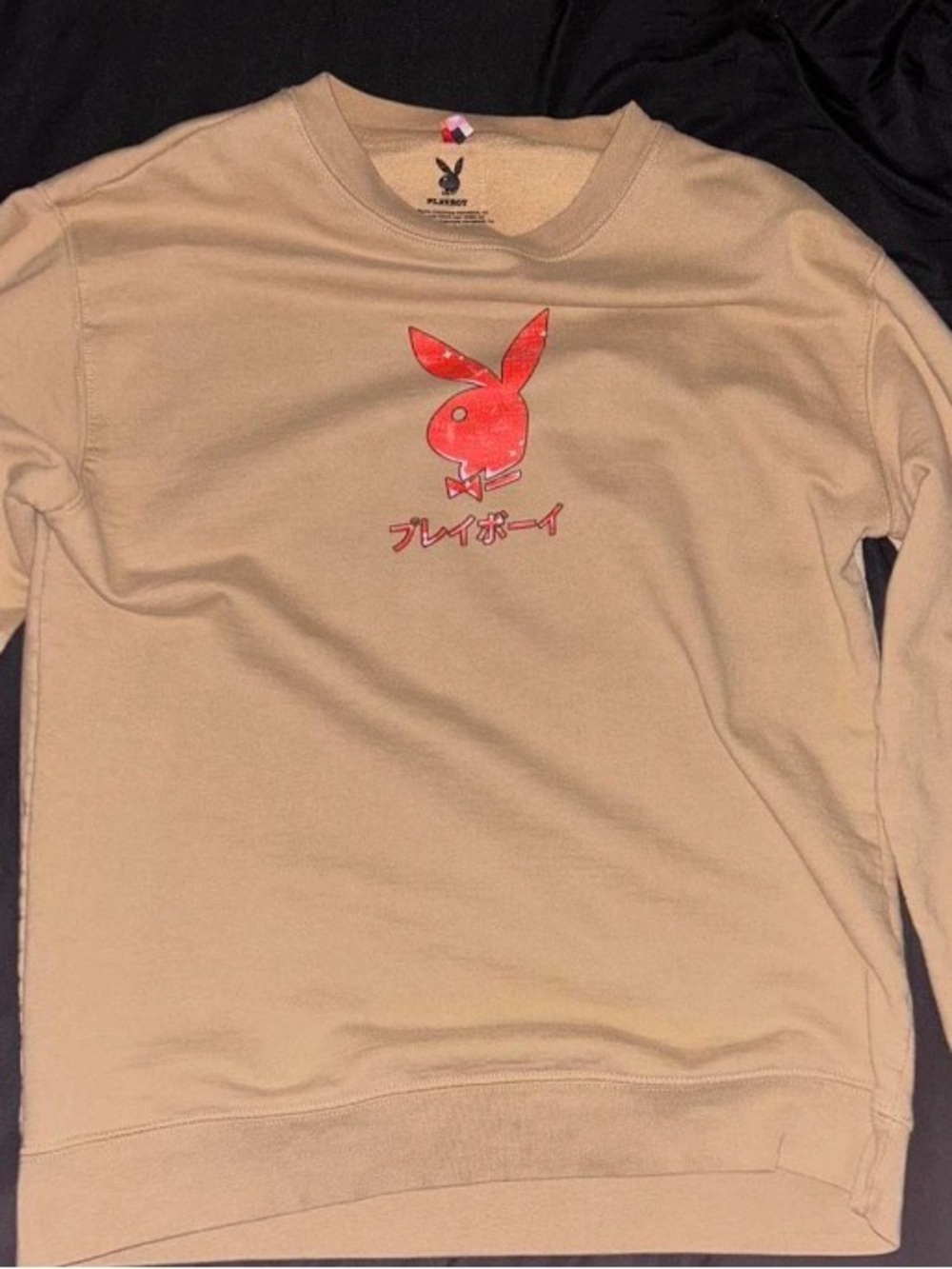 PLAYBOY Beige Crewneck Sweatshirt with Red Bunny Graphic